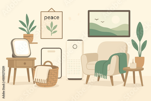 Living room setup with plants and furniture showing a calm nature theme in a cozy home environment