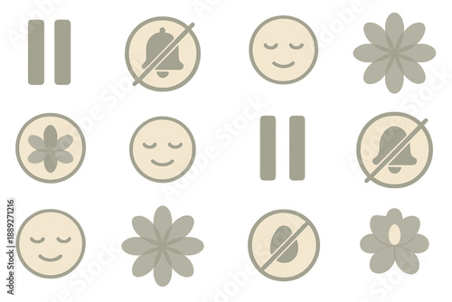 Symbols showing relaxation and engagement in daily activities like meditation and time management in a simple design