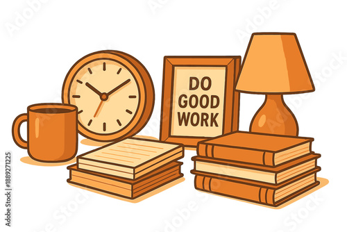 Items on a desk show a clock, lamp, coffee mug, books, and a framed sign with a motivational message