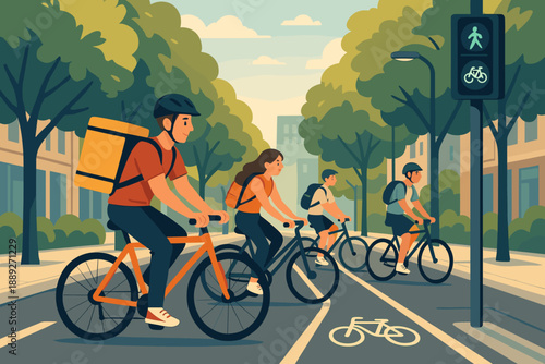 Bicyclists wait at the traffic light in a city during the afternoon with green signals for cyclists and pedestrians