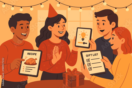 Friends gather to plan a celebration with recipes, gift lists, and ideas during a party at home in the evening