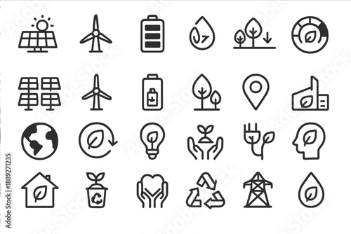 Energy sources and environmental symbols illustrate sustainability and eco-friendly ideas through simple graphic designs