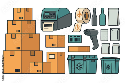 Boxes, printer, labels, bottles, and containers arranged in a workspace for packing and shipping tasks