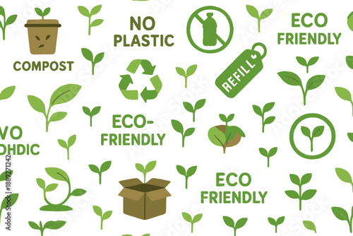 Signs and symbols promoting eco-friendly practices and sustainability in a classroom or community space in a green and white design