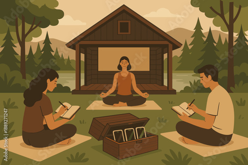 People practice mindfulness and journaling by a lake with a cabin in the background during a warm afternoon