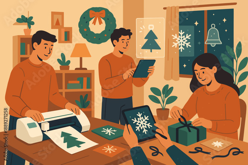 People create winter decorations in a cozy room during the holiday season