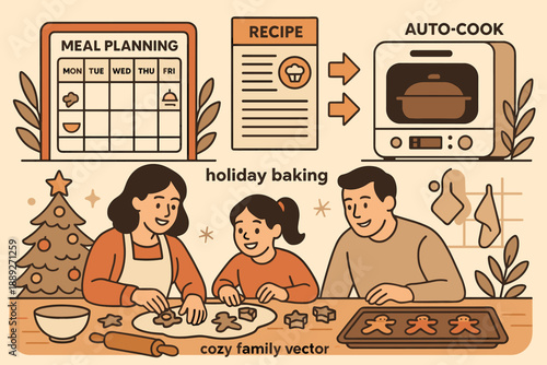 Family enjoys holiday baking together in cozy kitchen while following meal planning and recipe for treats and using an auto-cook device