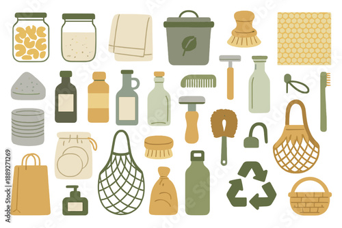 Collection of everyday objects for sustainable living and organization in a simple design layout