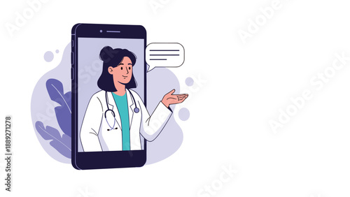 Female doctor provides an online medical consultation from a smartphone, illustrating telemedicine and virtual healthcare concepts.