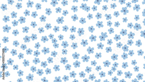 Sweet and simple seamless ditsy pattern of small, scattered light blue flowers on a clean white background.