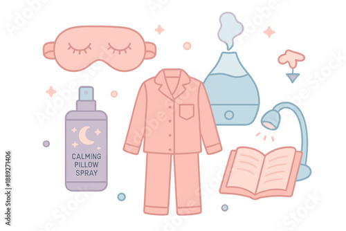 Items for a bedtime routine including sleep mask, pajamas, essential oil diffuser, calming pillow spray, lamp, and a book