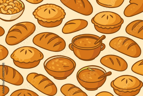 Colorful patterns of various baked goods and dishes on a light background featuring bread, pies, and bowls of soup