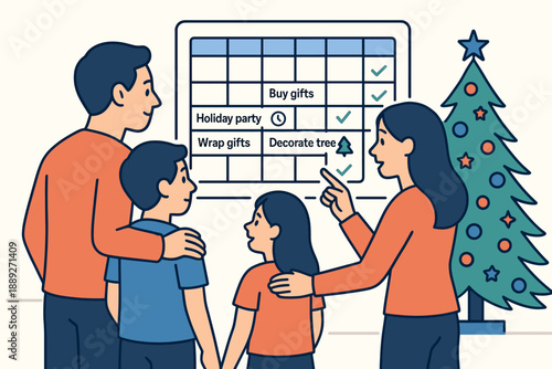 Family prepares for holiday activities as they check off tasks on a list in their living room with a Christmas tree