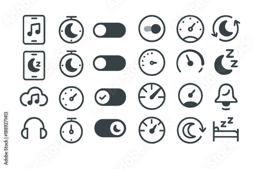 Icons showing different sleep and music features for mobile devices and alarms commonly found in applications