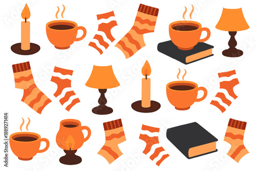 Cozy indoor setting with hot drinks, warm socks, and soft light in the evening