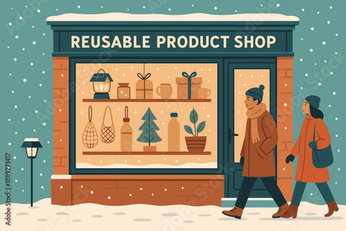 People walk by a reusable product shop during winter with snow falling in the evening