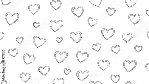 Simple seamless monochrome pattern of scattered hand-drawn outline hearts on a white background, perfect for romantic designs.