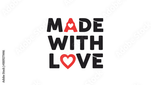 Creative 'Made With Love' typography design with red hearts replacing some letters, isolated on a white background.