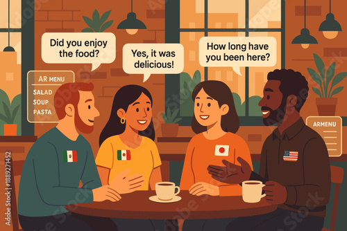 Group of four friends chat at a cafe about food and time spent together while enjoying warm drinks