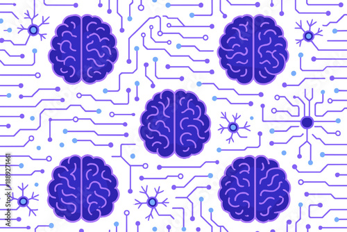 Design shows brain shapes with circuit lines on a white background representing the blend of technology and neuroscience