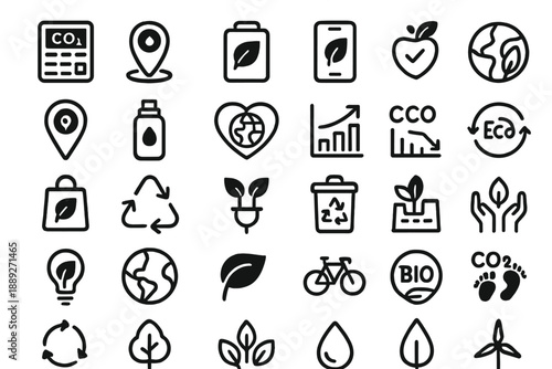 Icons showing eco-friendly themes and practices in a grid layout for environmental awareness and sustainability