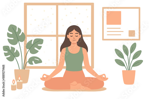 Woman meditating in a room with plants and candles during the day