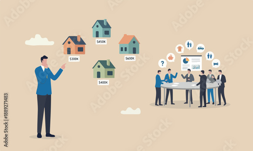 House mortgage meeting teams boulder uphill mountain peak affordability calculation, picking home base on budget, income lifestyle concept, businessman hand wisely think to picking different variant t