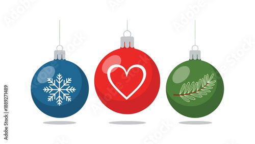Set of three colorful Christmas bauble ornaments with snowflake, heart, and branch designs, isolated on white background.
