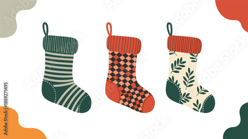 Modern illustration of three colorful Christmas stockings with different patterns, set against abstract shapes on a white background.
