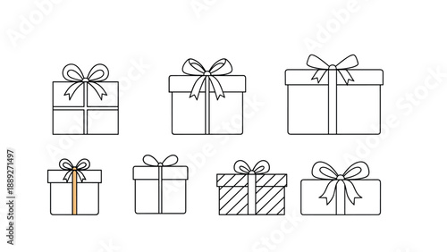 Collection of seven gift box illustrations in a simple black and white outline style, perfect for coloring or minimalist designs.