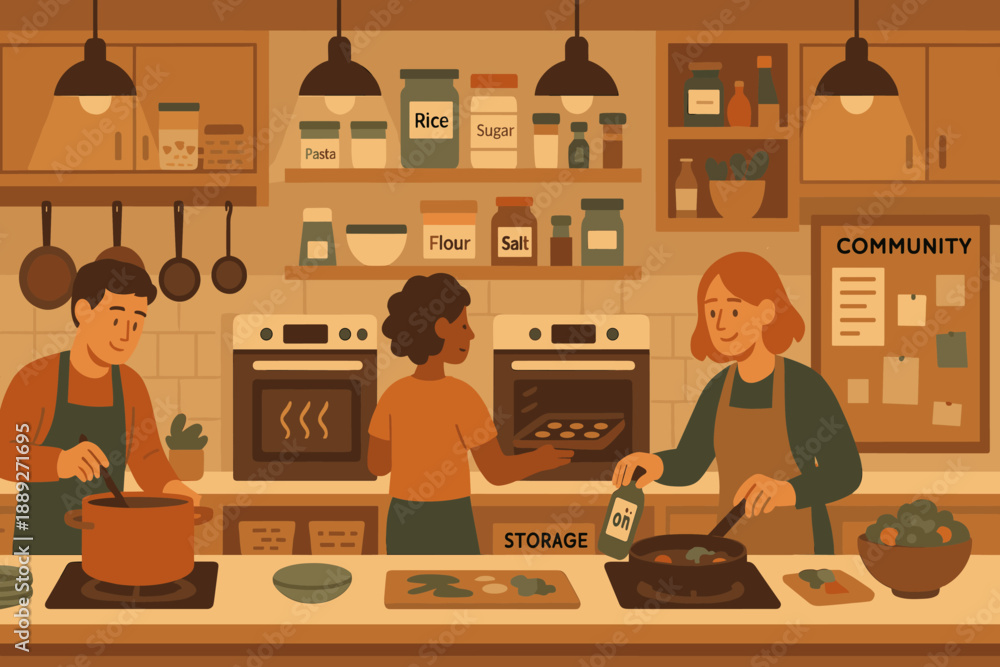 Fototapeta premium Friends cook together in a communal kitchen while preparing food and enjoying the process in a warm setting