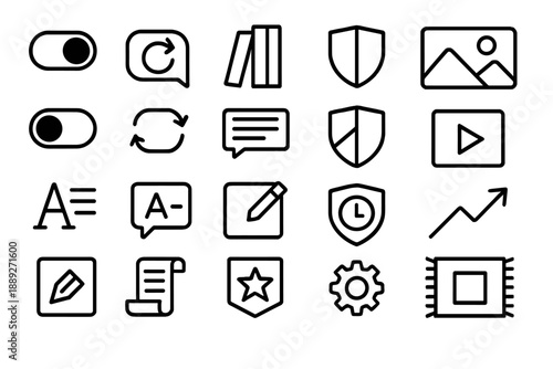 Symbols for user interface design show various functions and tools for website navigation and presentation needs