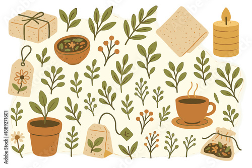 Pattern of leaves, tea, candles, and plants with warm colors on a light background featured in a creative layout