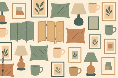 Home decor layout with lamps, frames, and cushions arranged on a wall in a modern style