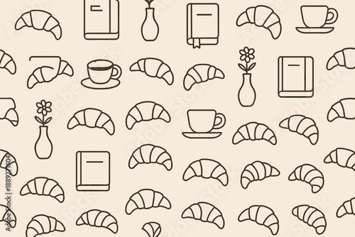 Patterns with croissants, cups, and books on a light background design for a cozy cafe setting
