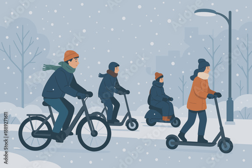 People ride bikes and scooters in the snow on a city street during winter