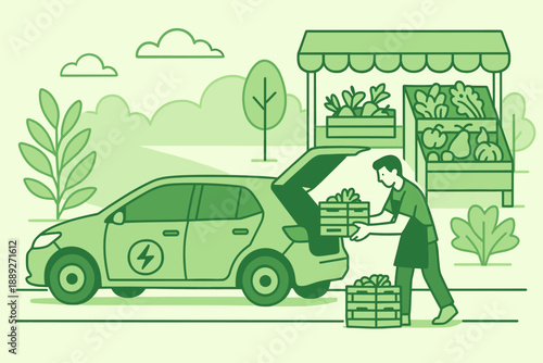 Delivery worker loads fresh vegetables from a car at an outdoor market on a sunny day in a community setting