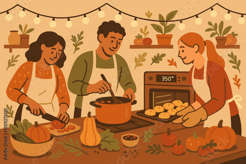 Friends cooking together in a kitchen preparing a meal for a gathering during autumn
