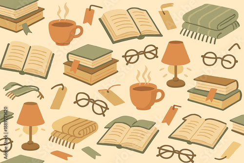 Cozy reading scene with books, glasses, coffee cup, and lamp on a soft background during evening hours