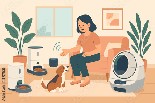 Woman interacts with dog in cozy living room during daytime while using smart pet devices for care and feeding