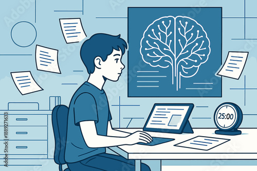 Young person studying at desk with tablet, clock, and sheets of paper in a quiet room during study time