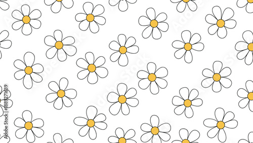 Cheerful seamless pattern of cute, hand-drawn daisies with white petals and yellow centers scattered on a white background.