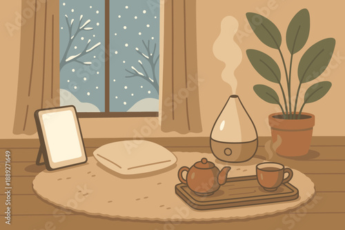 Cozy indoor scene with a window showing snow, a tea set, and a plant during winter