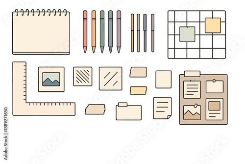 Office supplies on a table with notebooks, pens, sticky notes, and a ruler for daily organization tasks at a workplace setting
