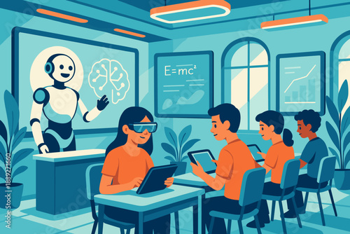 Students learn about technology with a robot teacher in a classroom setting during daytime at a modern school