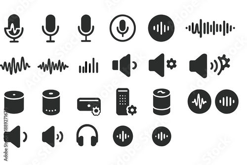 Sound icons represent different audio elements and devices used in technology and communication