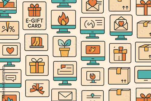 Gift cards and digital services shown on a series of screens with various icons and symbols related to online shopping