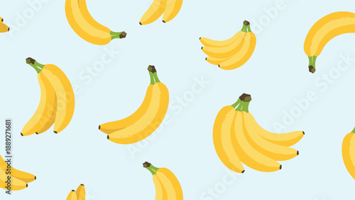 Fun and playful seamless pattern of yellow bananas, shown as single fruits and bunches, on a light blue background.