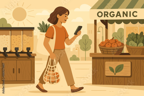 Woman walking in a market carrying shopping bag while looking at phone near organic stand