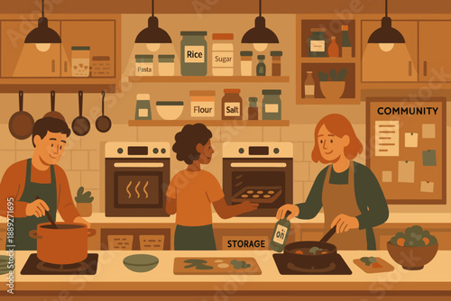 Friends cook together in a communal kitchen while preparing food and enjoying the process in a warm setting